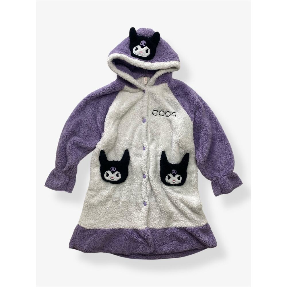 Sanrio Kuromi Fleece Hooded Robe Women Size 3 Purple White Kawaii Loungewear